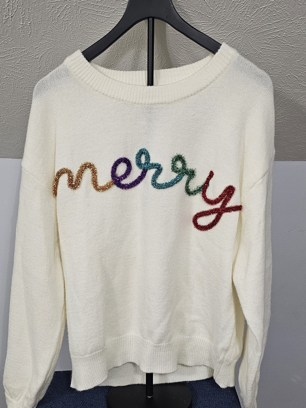 BiBi Cream Crewneck Sweater with Multicolor 'merry' Appliqué - Picture 2 of 5